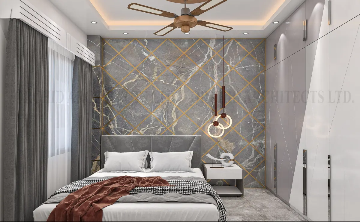 Bedroom with marble feature wall designed by Orchid Architects